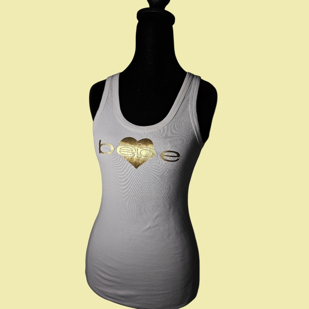 Bebe White Tank Top with Gold Heart
